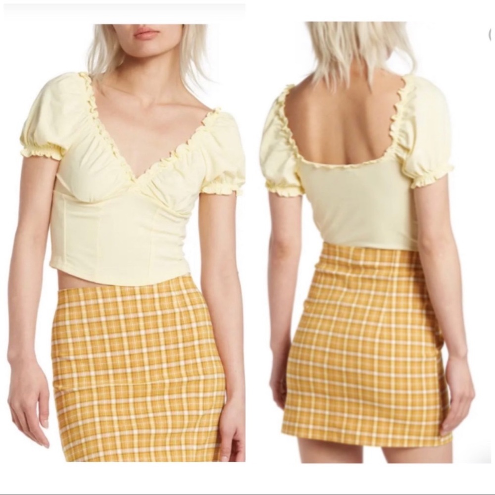 NWT Topshop Yellow Ruffle Hem Puffed Sleeve V Neck Fitted Bodice Crop Top Size 4